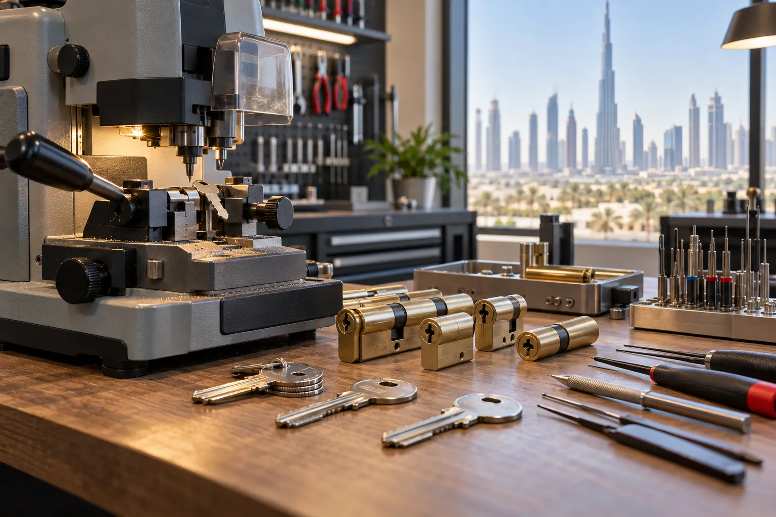 Keys, lock cylinders and a key-cutting machine on an organised workbench