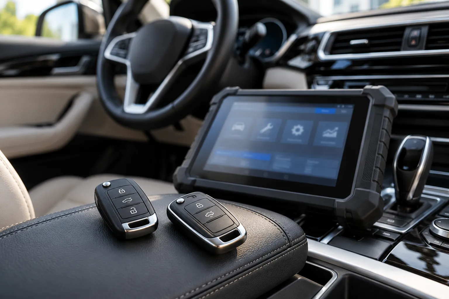 Car keys and a diagnostic tablet illustrating vehicle key support